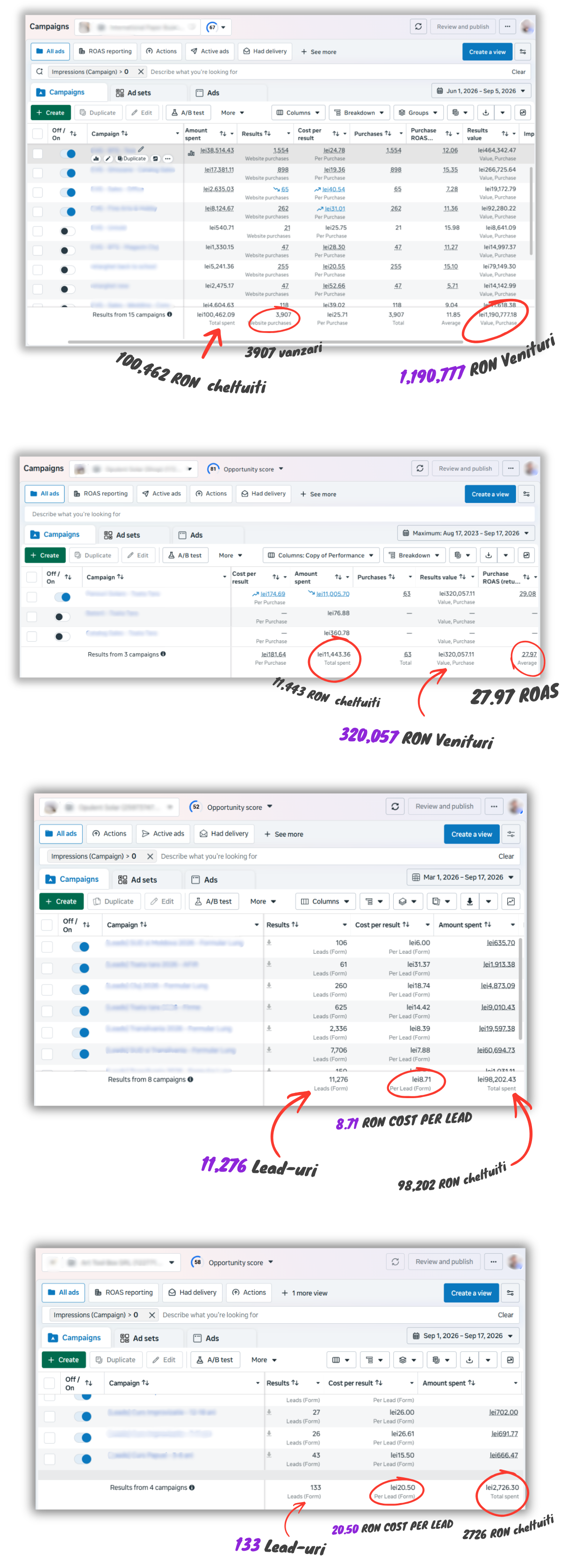 Rezultate reale din campanii Meta Ads